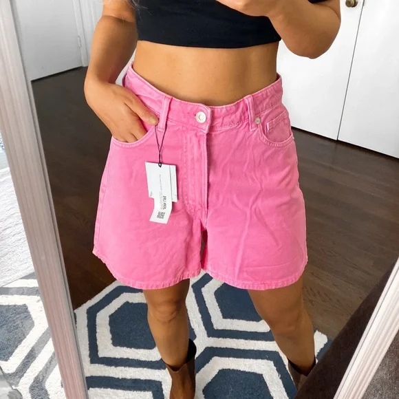 💗 ZARA PINK HIGH WAIST CLASSIC MOM JEAN SHORTS! - Picture 4 of 13